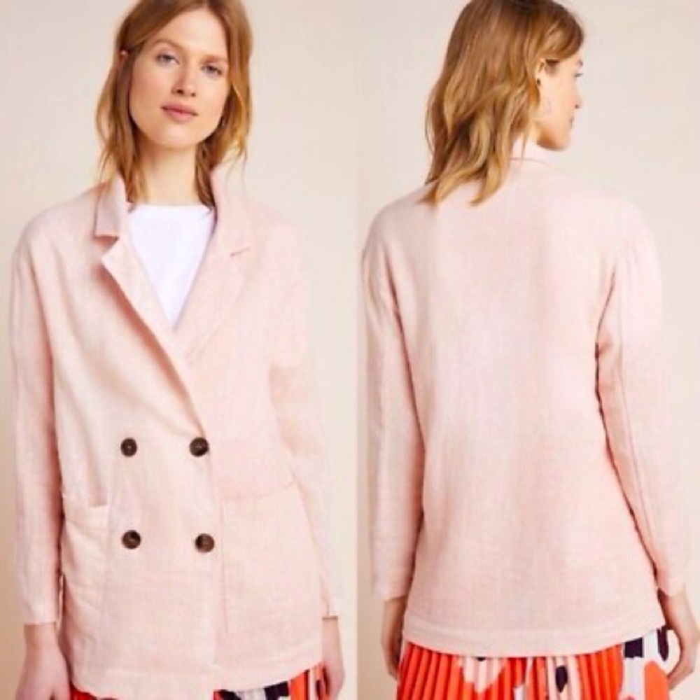 ANTHROPOLOGIE Amadi Pink Shimmer Linen Oversized Blazer Jacket Lightweight Coat - Picture 2 of 12